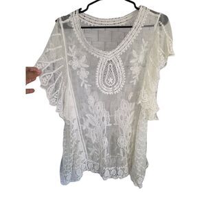 Off White Floral Lace Boho Blouse Flutter Sleeve Sheer Crochet Top
